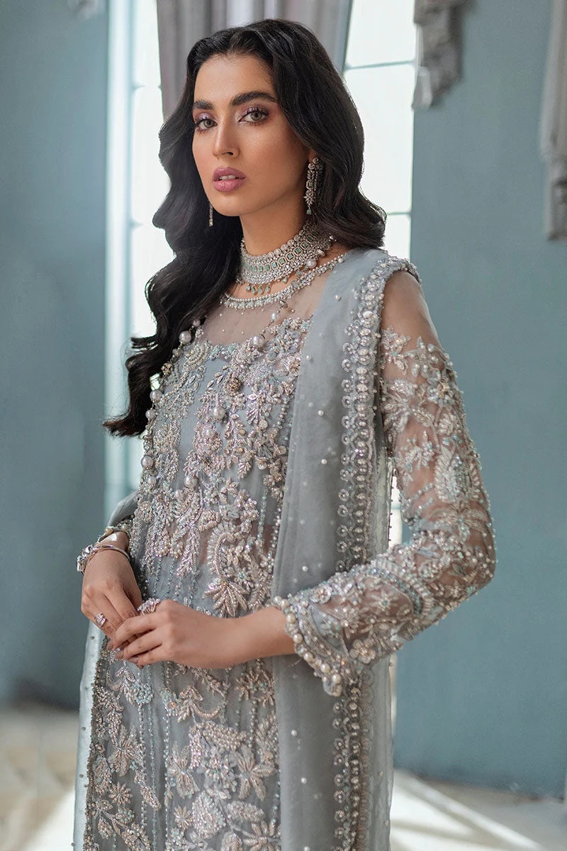 ADELA pakistani fashion outfit in blue, green, mint, silver tones.