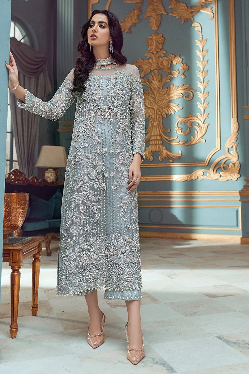 ADELA pakistani fashion outfit in blue, green, mint, silver tones.