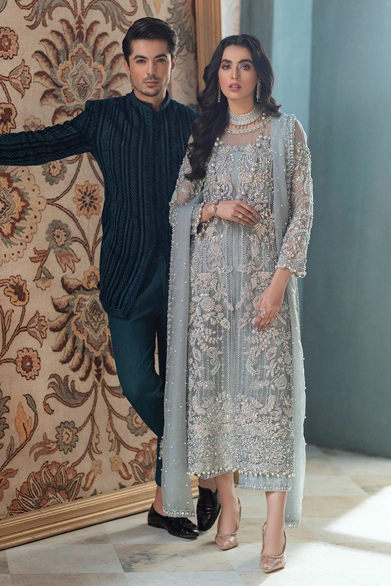 ADELA pakistani fashion outfit in blue, green, mint, silver tones.