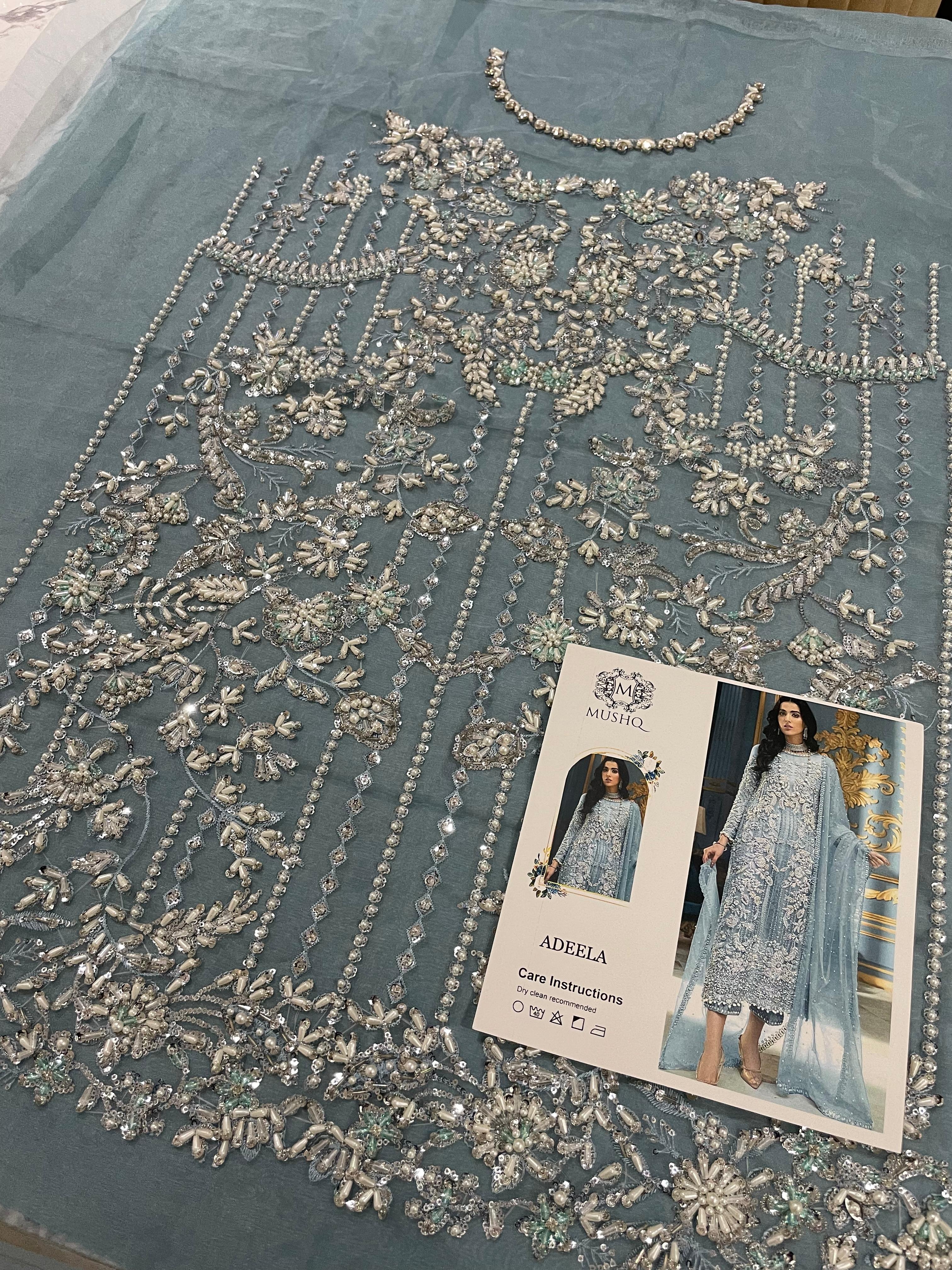 ADELA pakistani fashion outfit in blue, green, mint, silver tones.