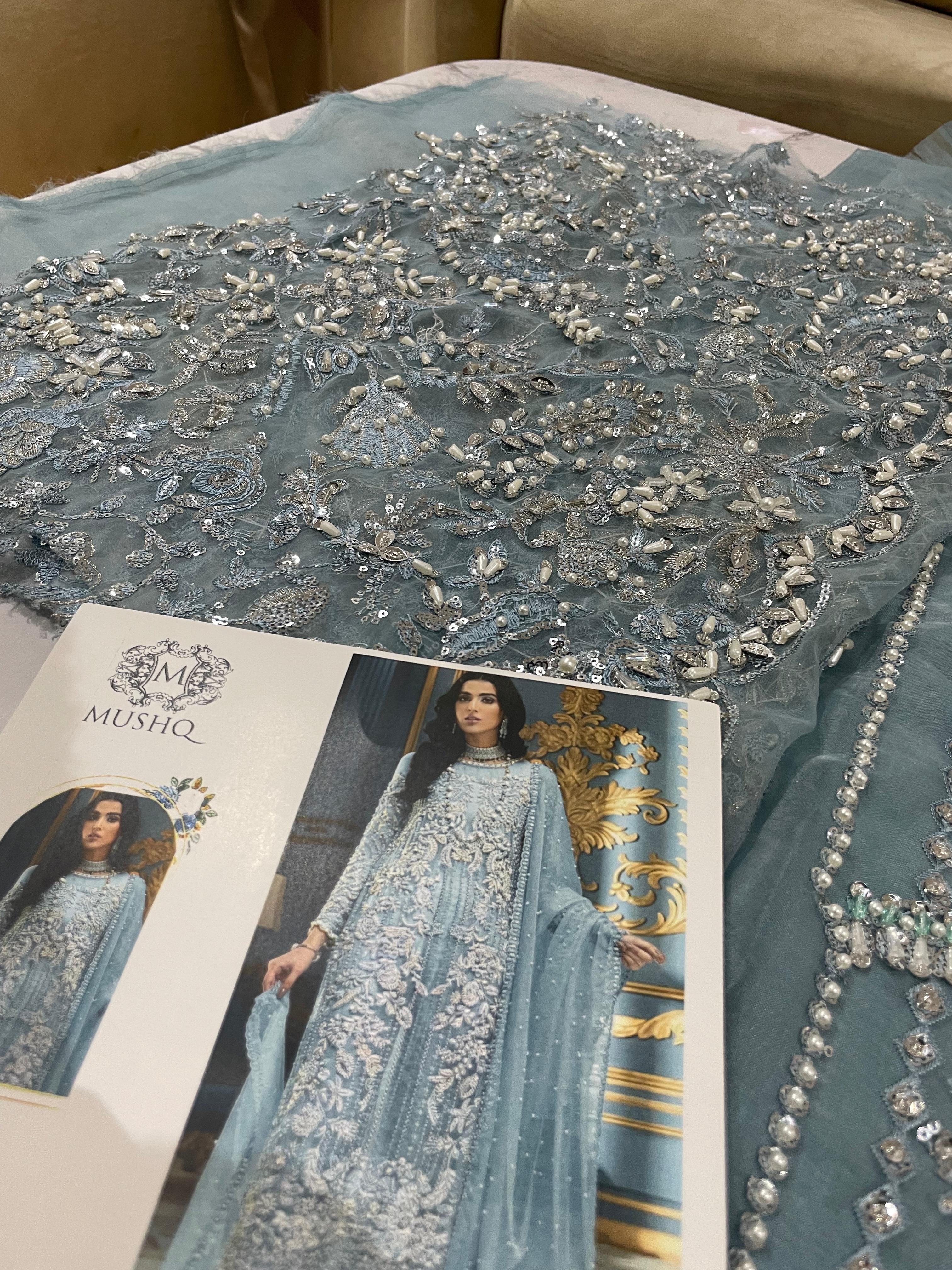 ADELA pakistani fashion outfit in blue, green, mint, silver tones.
