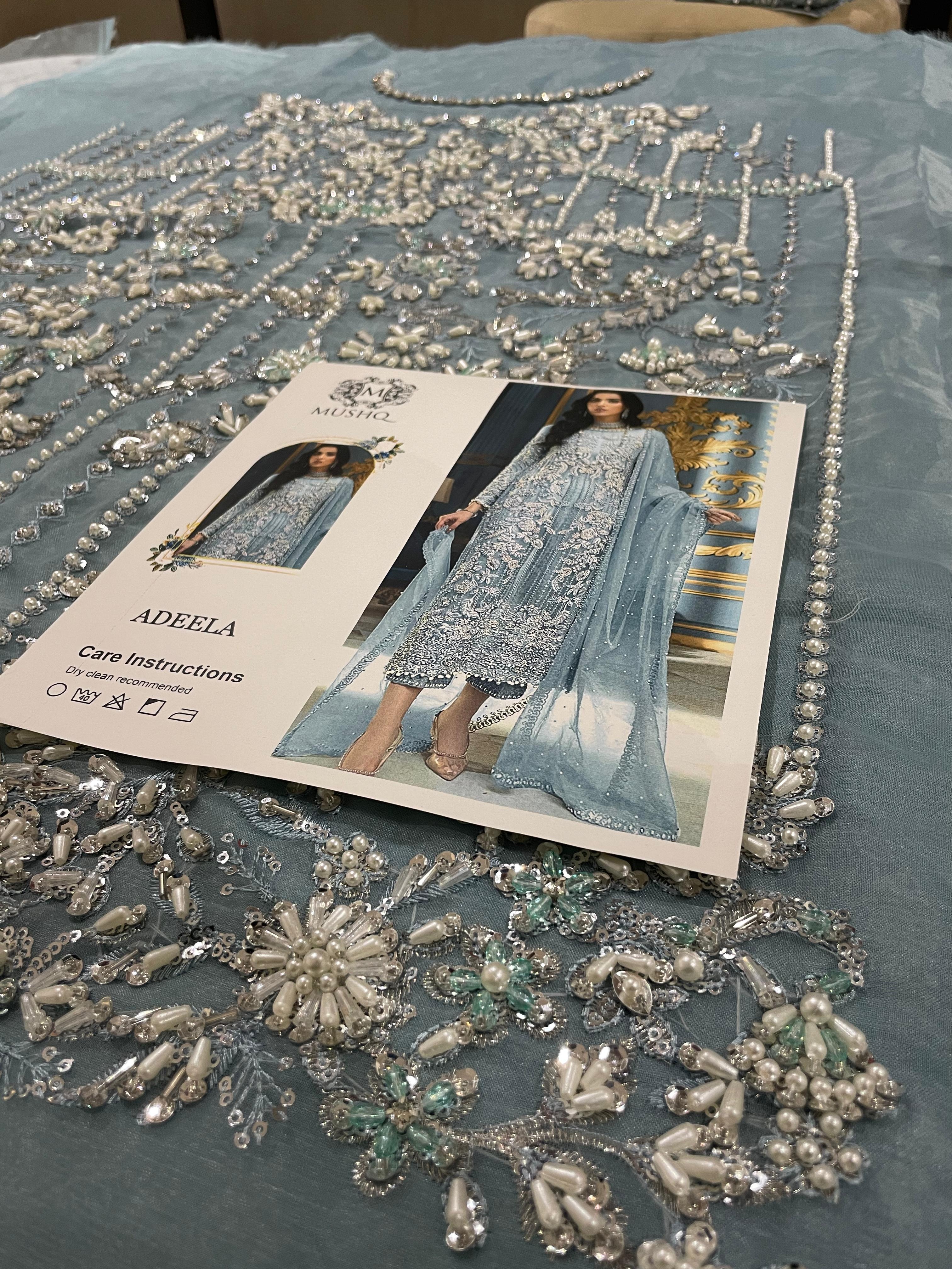 ADELA pakistani fashion outfit in blue, green, mint, silver tones.