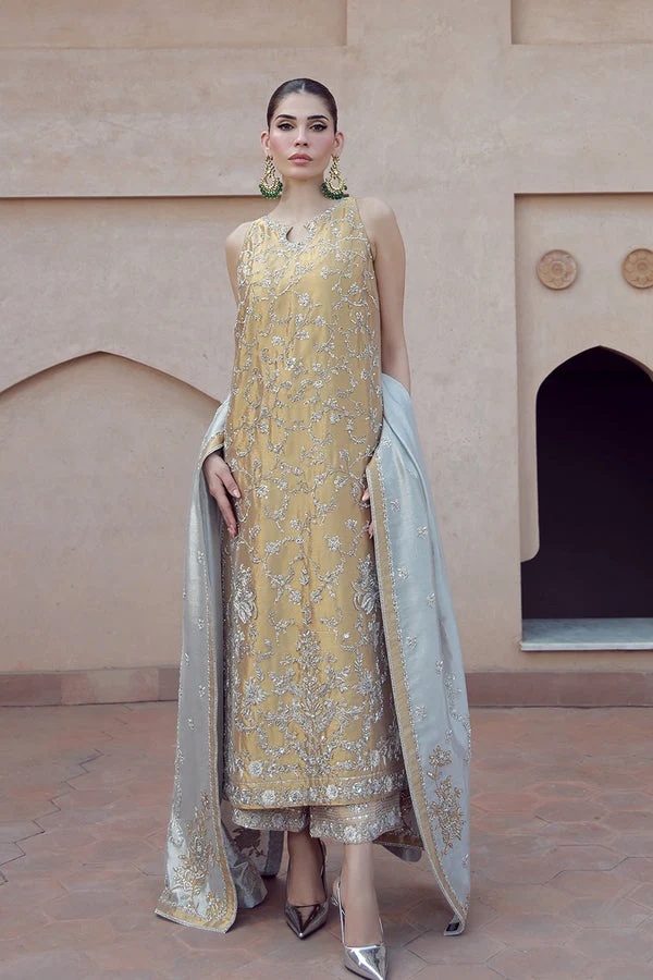 Aakifah Pakistani fashion outfit in gold, yellow tones.