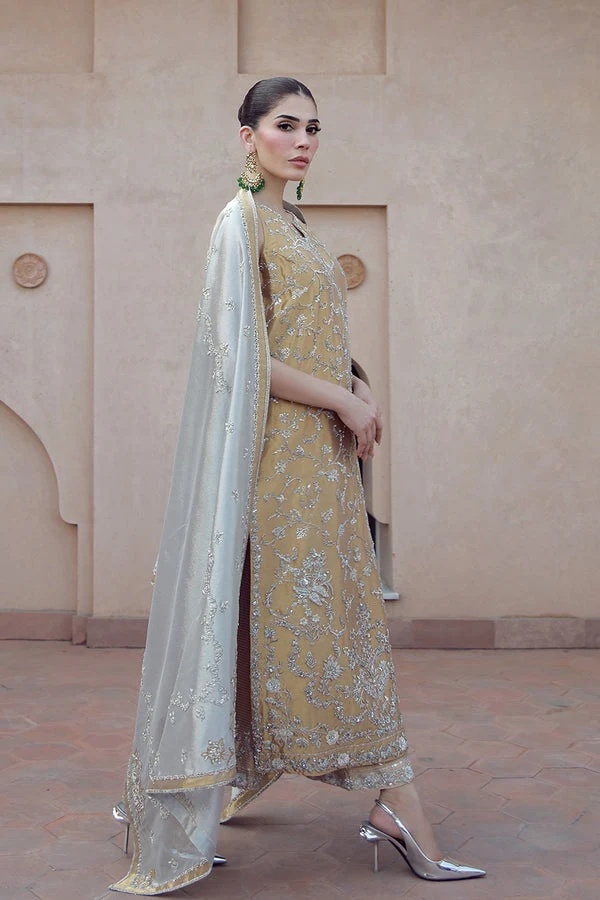 Aakifah Pakistani fashion outfit in gold, yellow tones.