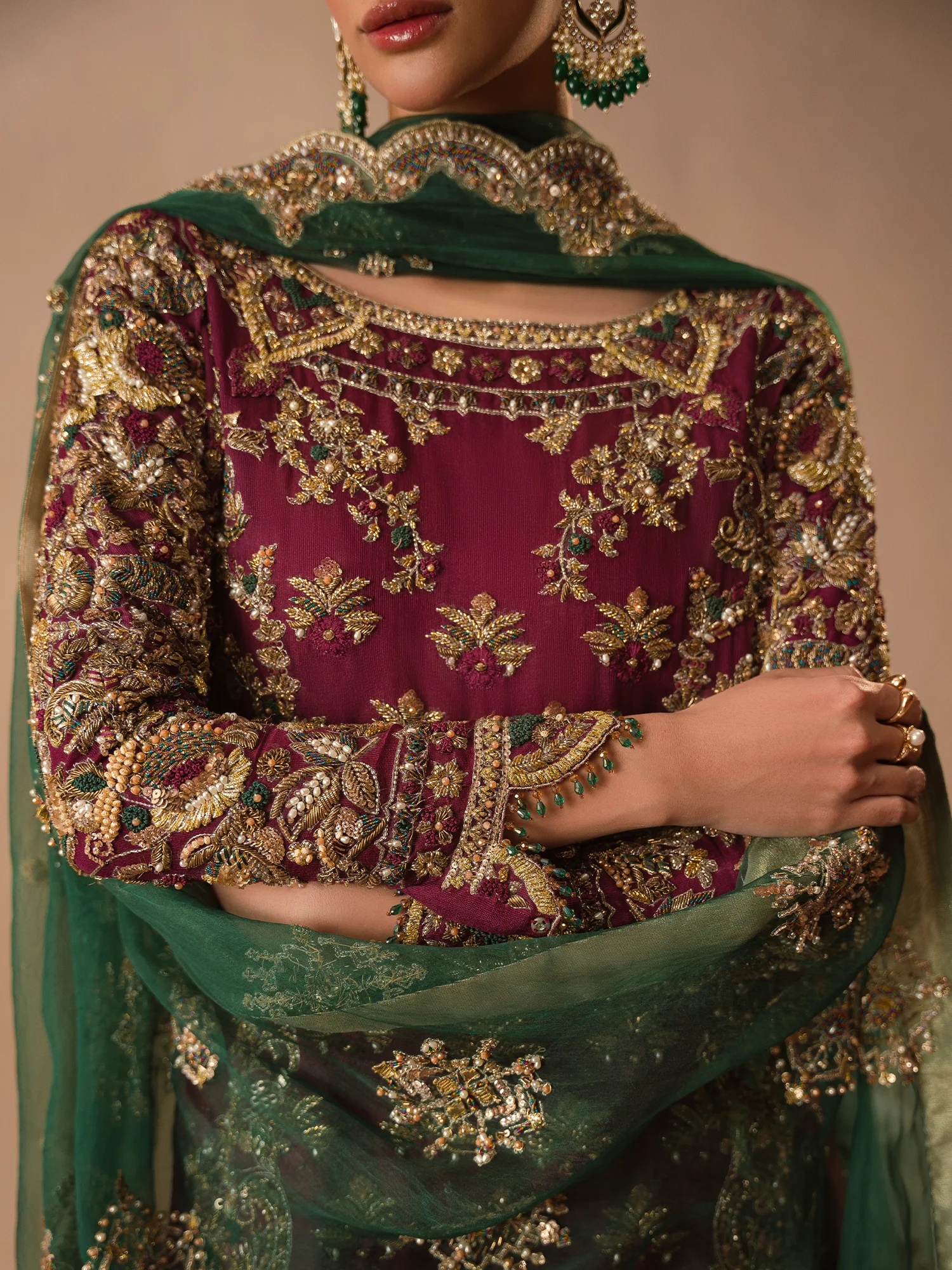 Afsana-e-Zari pakistani fashion outfit in green, emerald green tones.