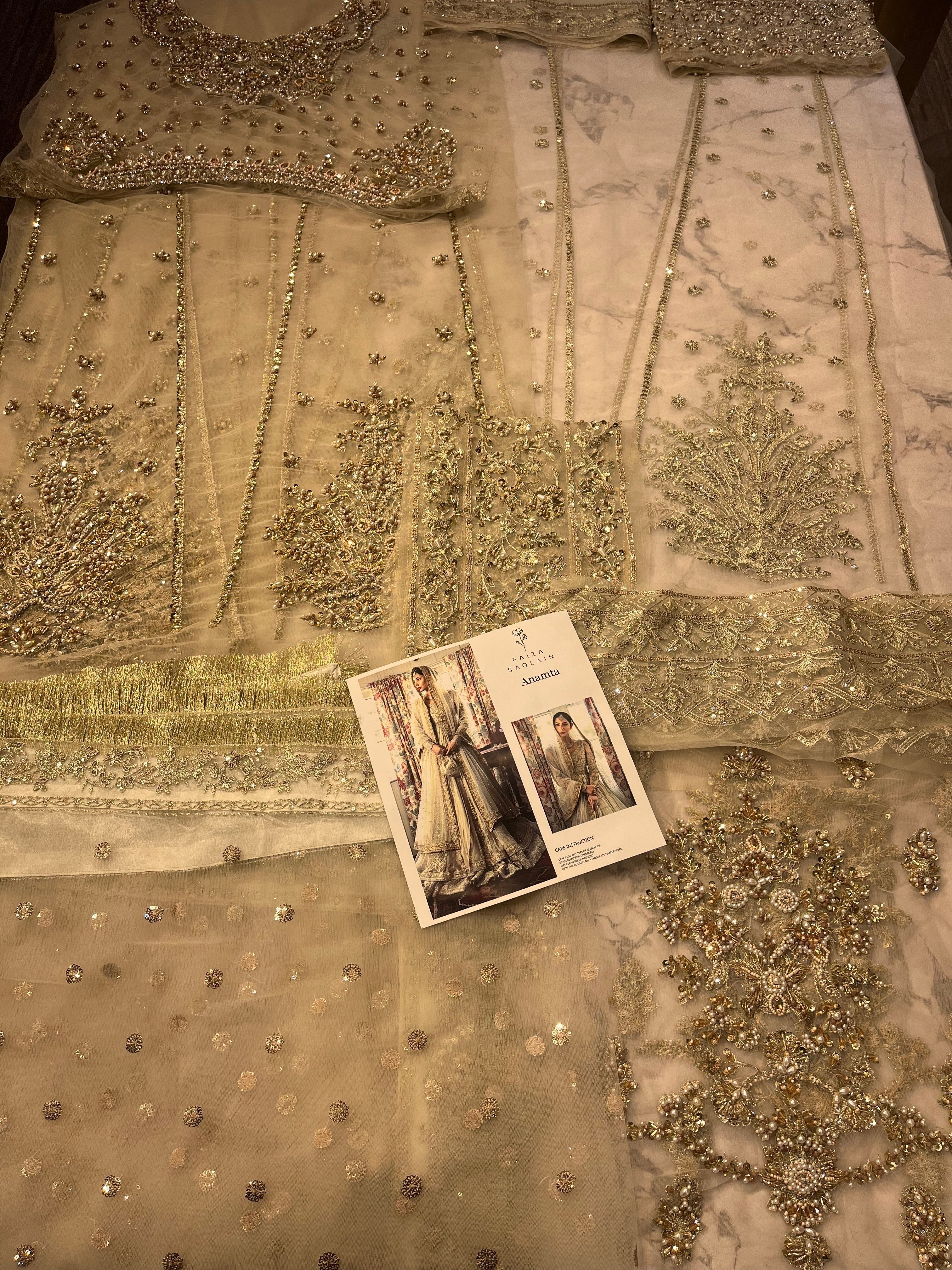 Anamta pakistani fashion outfit in ivory tones.