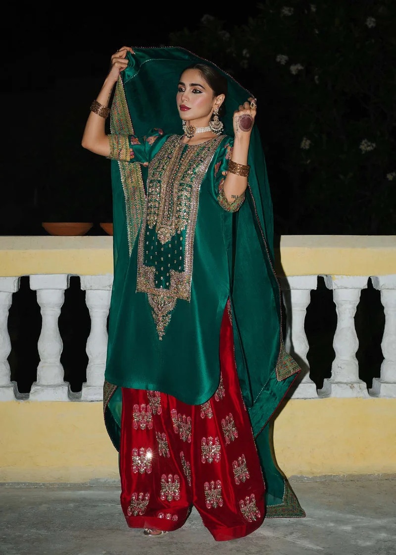 Beryl Pakistani fashion outfit in green, gold, pink, red tones.