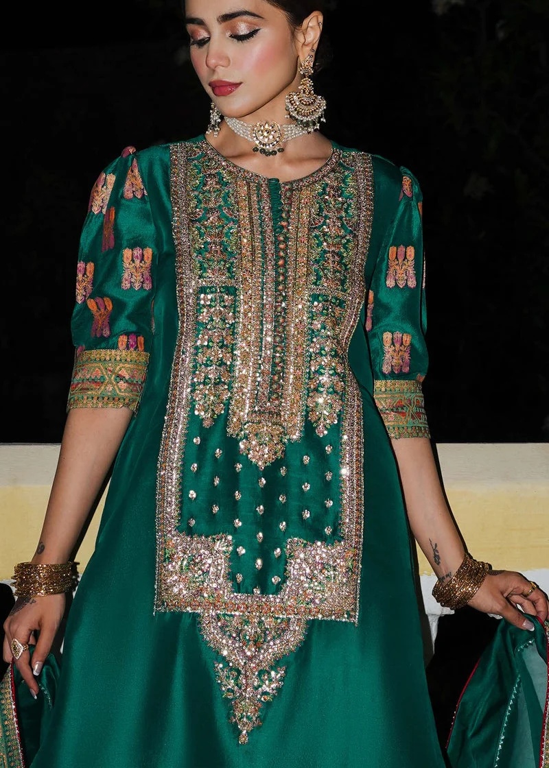 Beryl Pakistani fashion outfit in green, gold, pink, red tones.