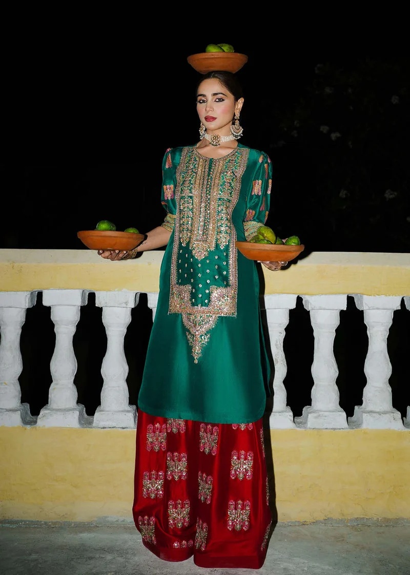 Beryl Pakistani fashion outfit in green, gold, pink, red tones.
