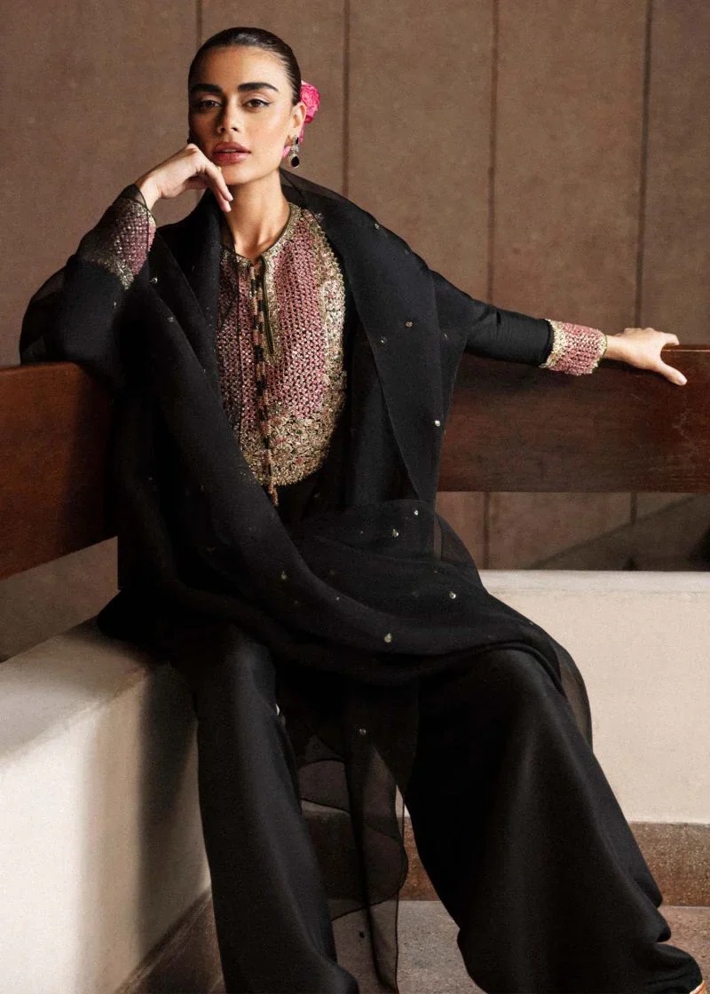 Char pakistani fashion outfit in black tones.