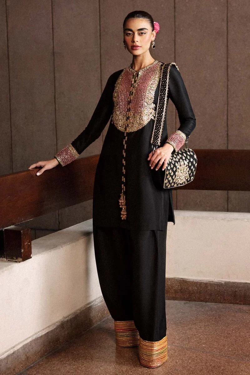 Char pakistani fashion outfit in black tones.