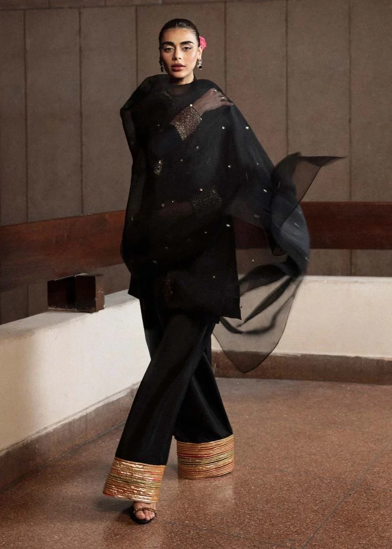 Char pakistani fashion outfit in black tones.