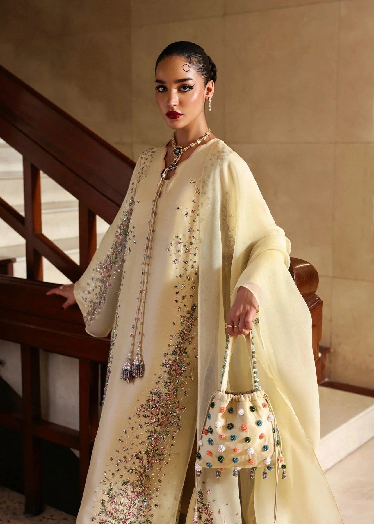 Ciel Pakistani fashion outfit in yellow, pink tones.