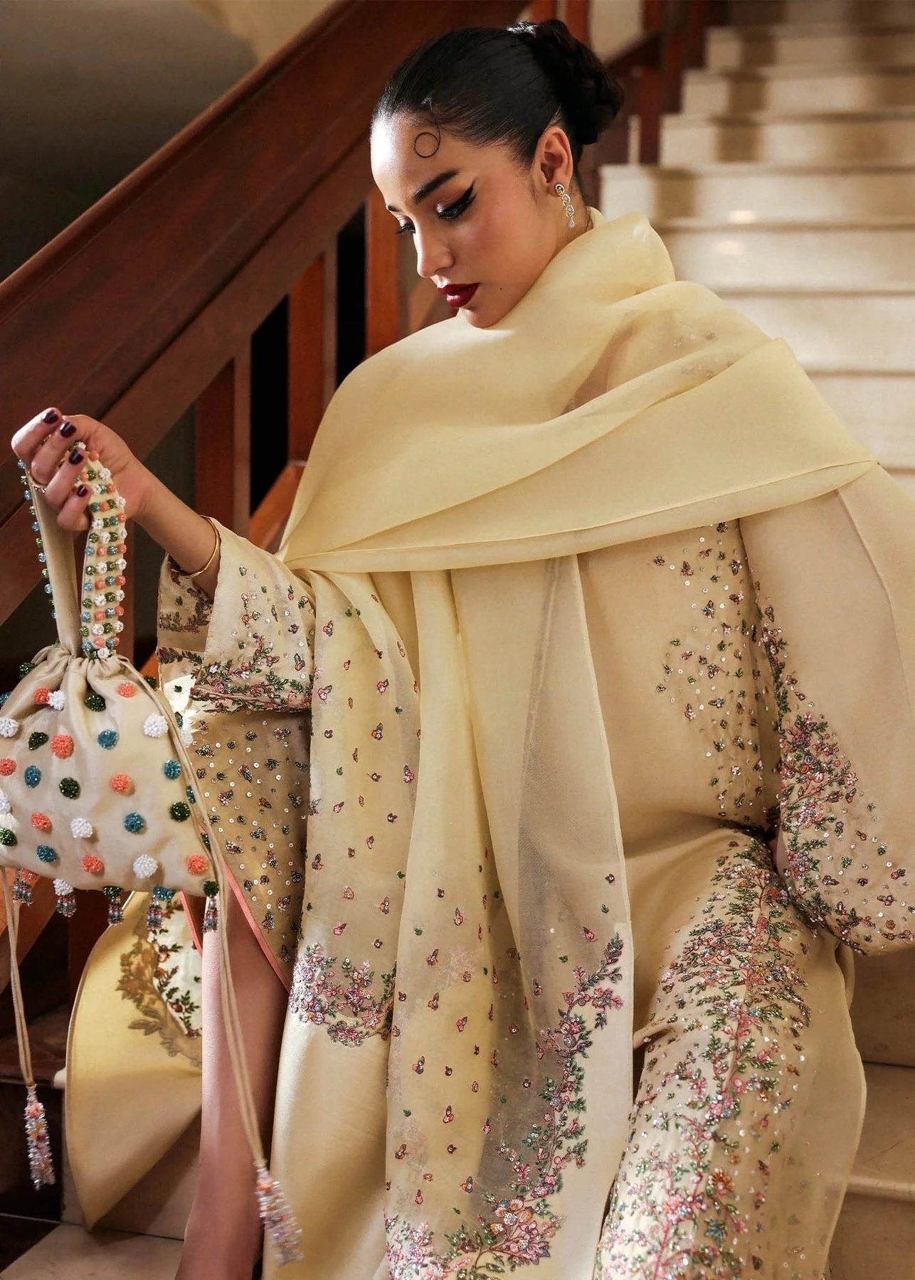 Ciel Pakistani fashion outfit in yellow, pink tones.