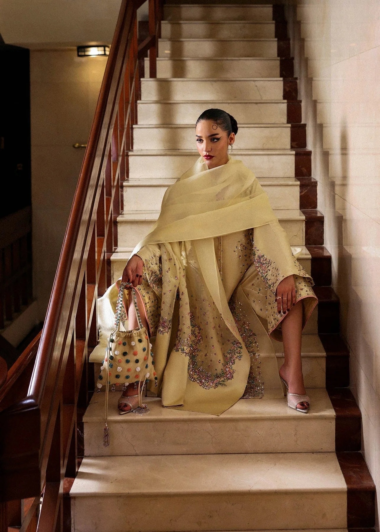 Ciel Pakistani fashion outfit in yellow, pink tones.