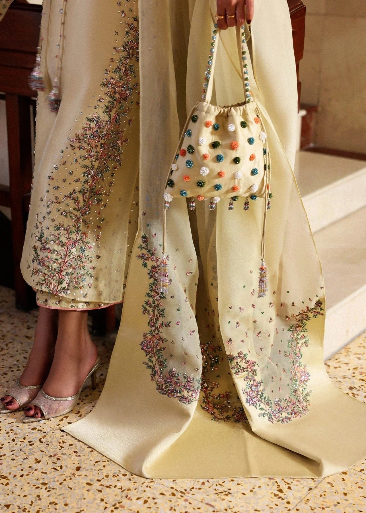 Ciel Pakistani fashion outfit in yellow, pink tones.