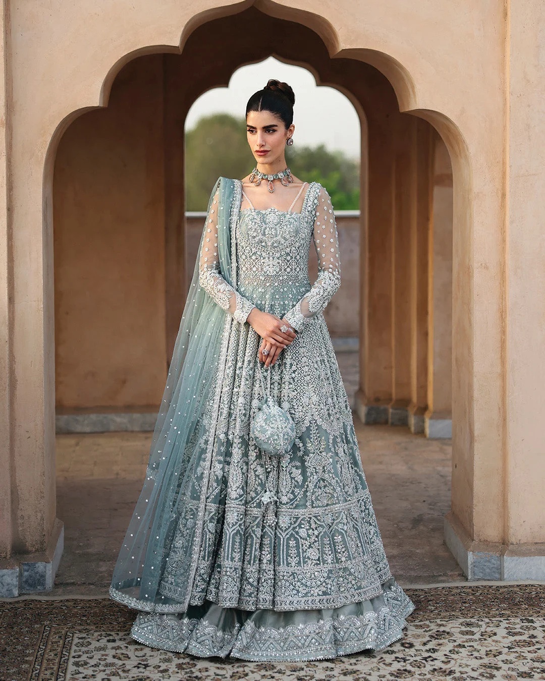 Dorien Pakistani fashion outfit in blue, mint tones.
