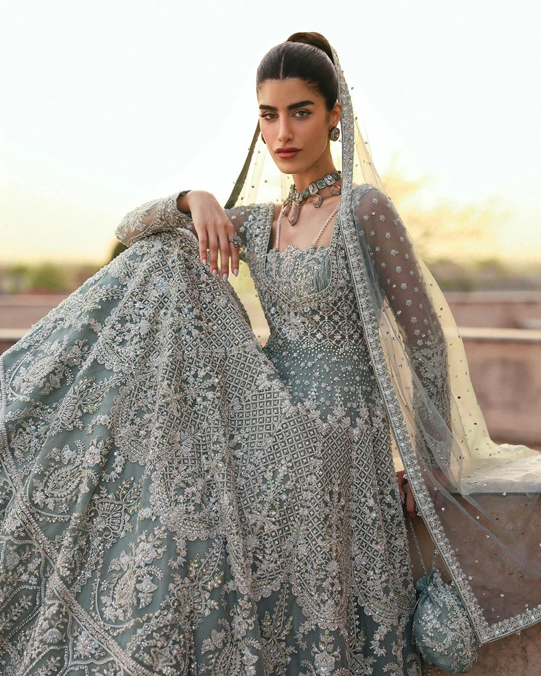 Dorien Pakistani fashion outfit in blue, mint tones.
