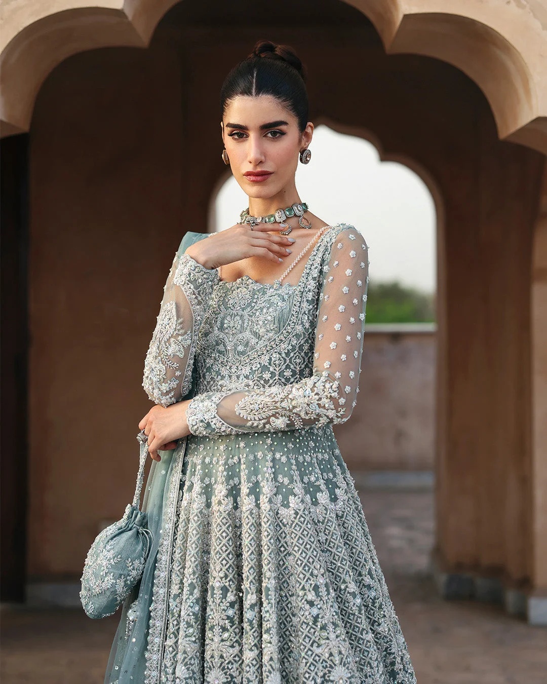Dorien Pakistani fashion outfit in blue, mint tones.