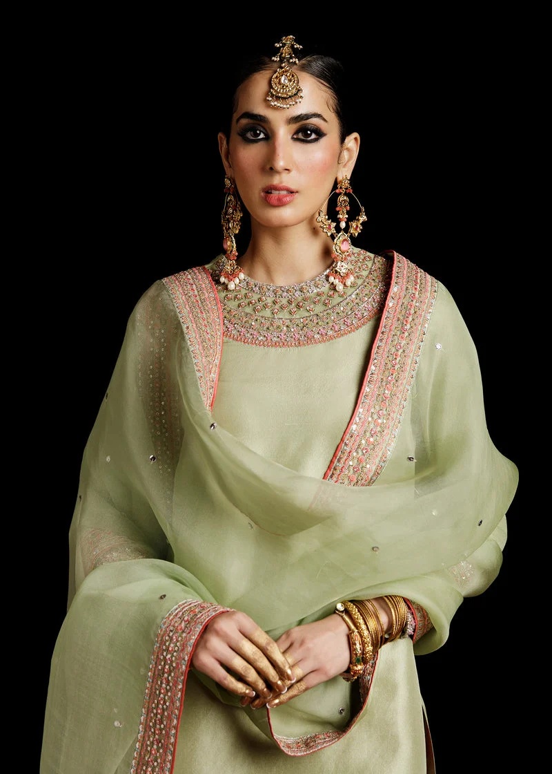 Doron Pakistani fashion outfit in orange, pink, green, silver tones.