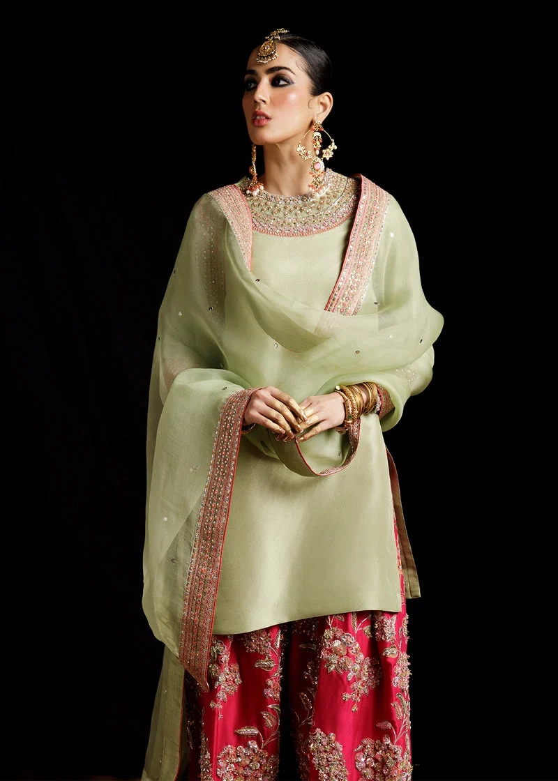 Doron Pakistani fashion outfit in orange, pink, green, silver tones.