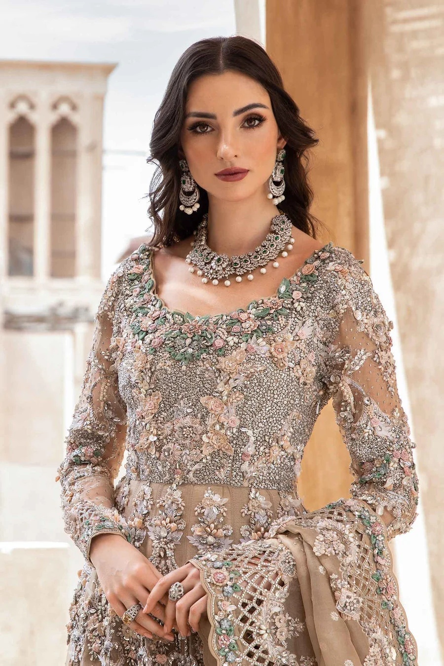 EX-151 pakistani fashion outfit in peach tones.