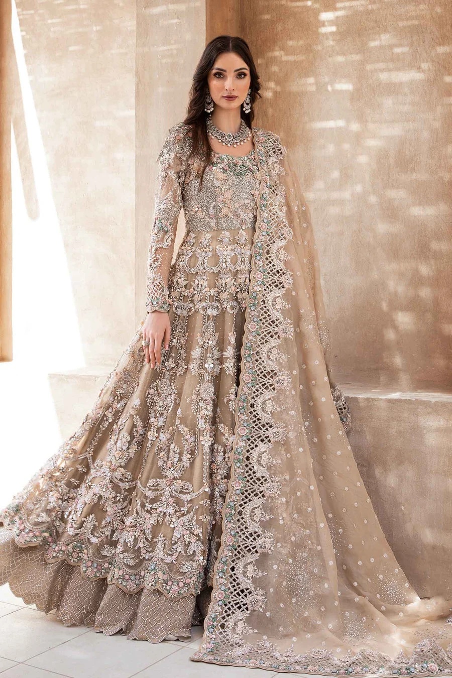 EX-151 pakistani fashion outfit in peach tones.