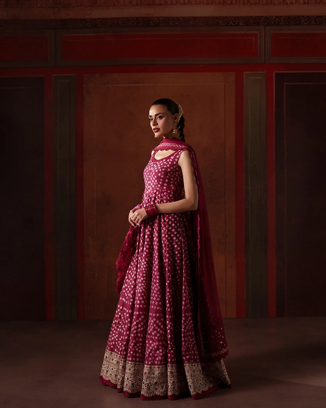 Gulinar Pakistani fashion outfit in wine tones.