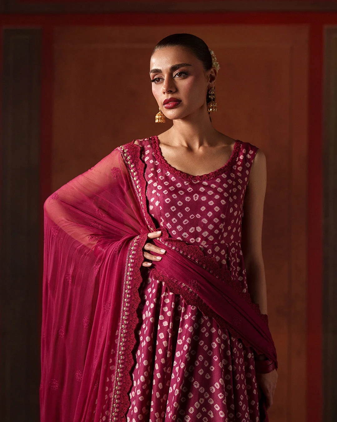 Gulinar Pakistani fashion outfit in wine tones.