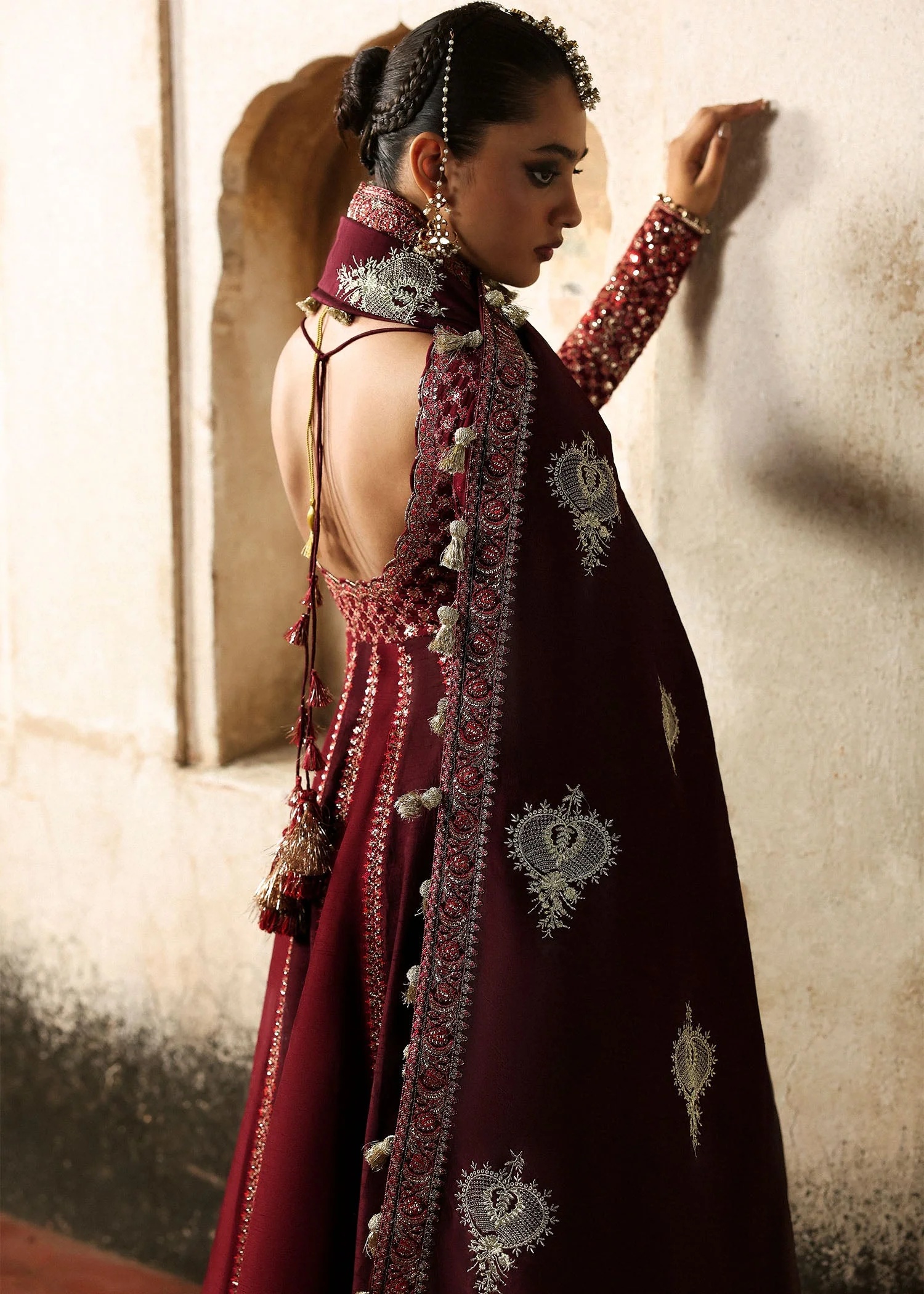 Gulnar Pakistani fashion outfit in maroon, burgundy tones.
