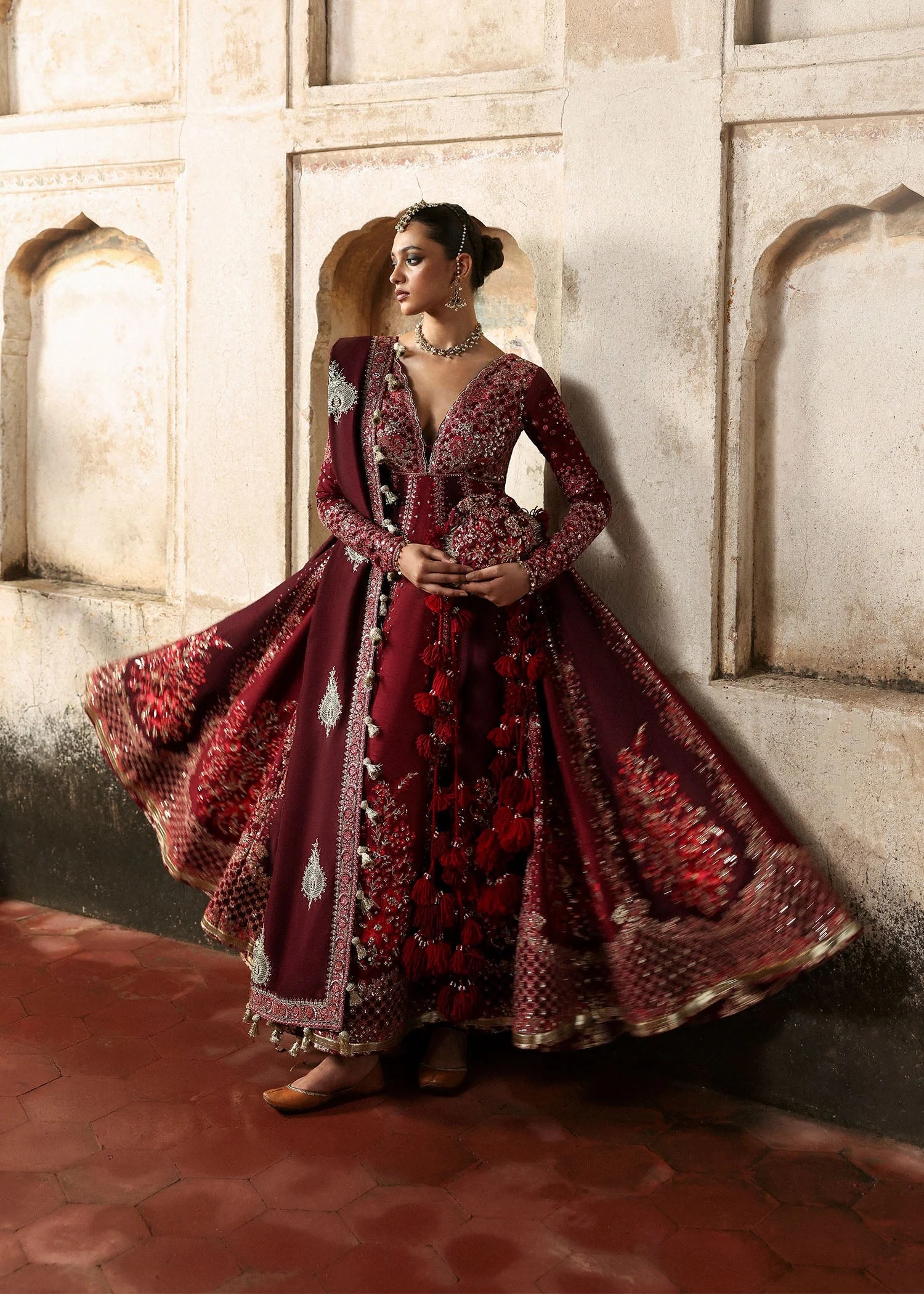 Gulnar Pakistani fashion outfit in maroon, burgundy tones.
