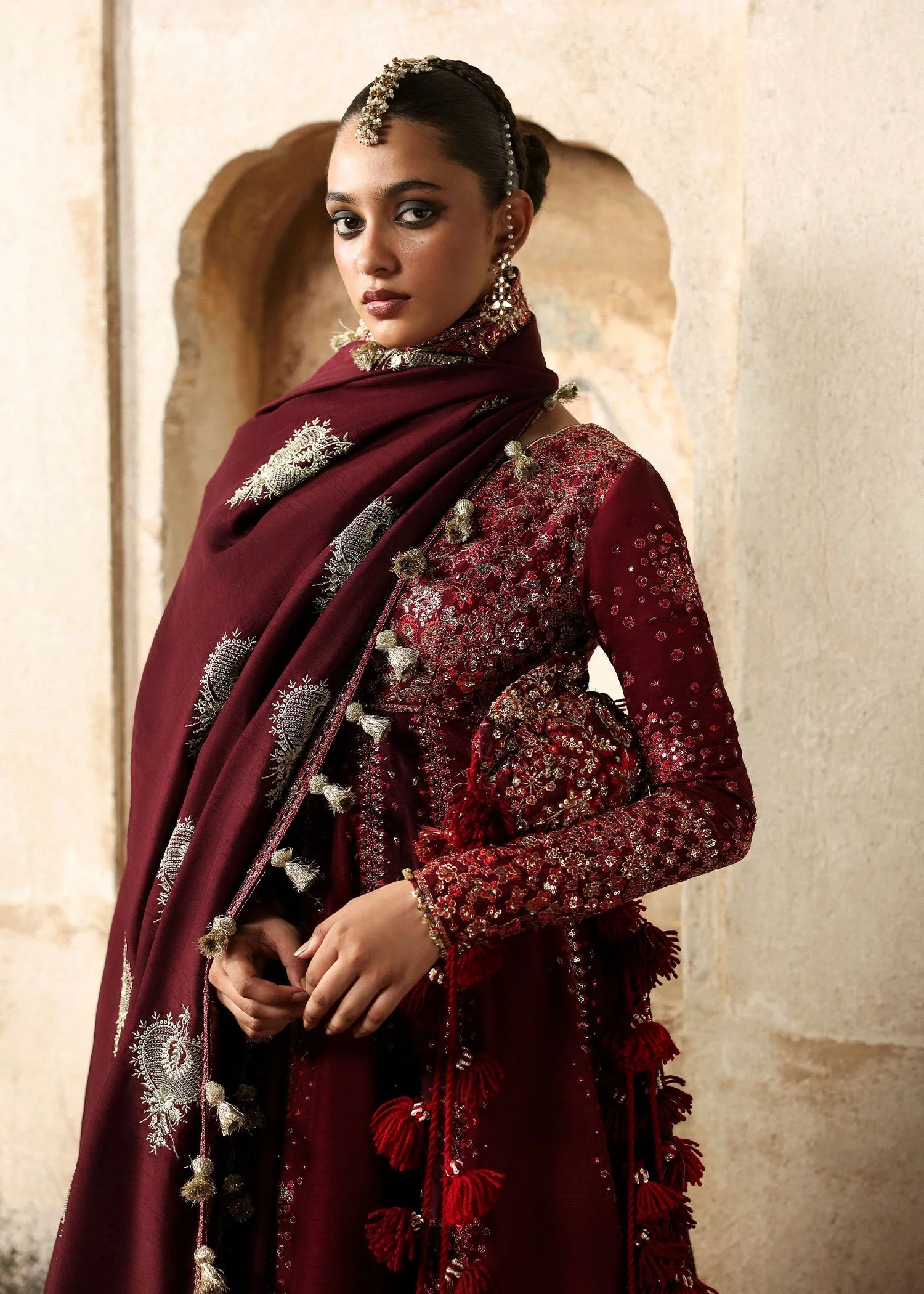 Gulnar Pakistani fashion outfit in maroon, burgundy tones.