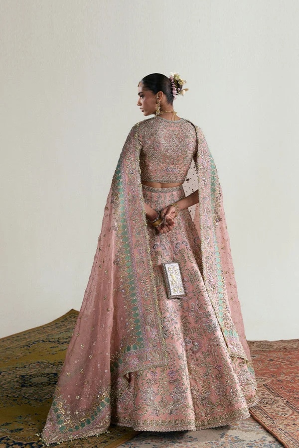 Haneira pakistani fashion outfit in pink, silver tones.