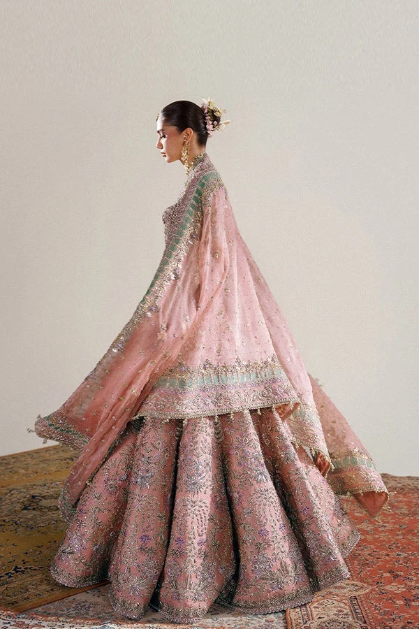 Haneira pakistani fashion outfit in pink, silver tones.