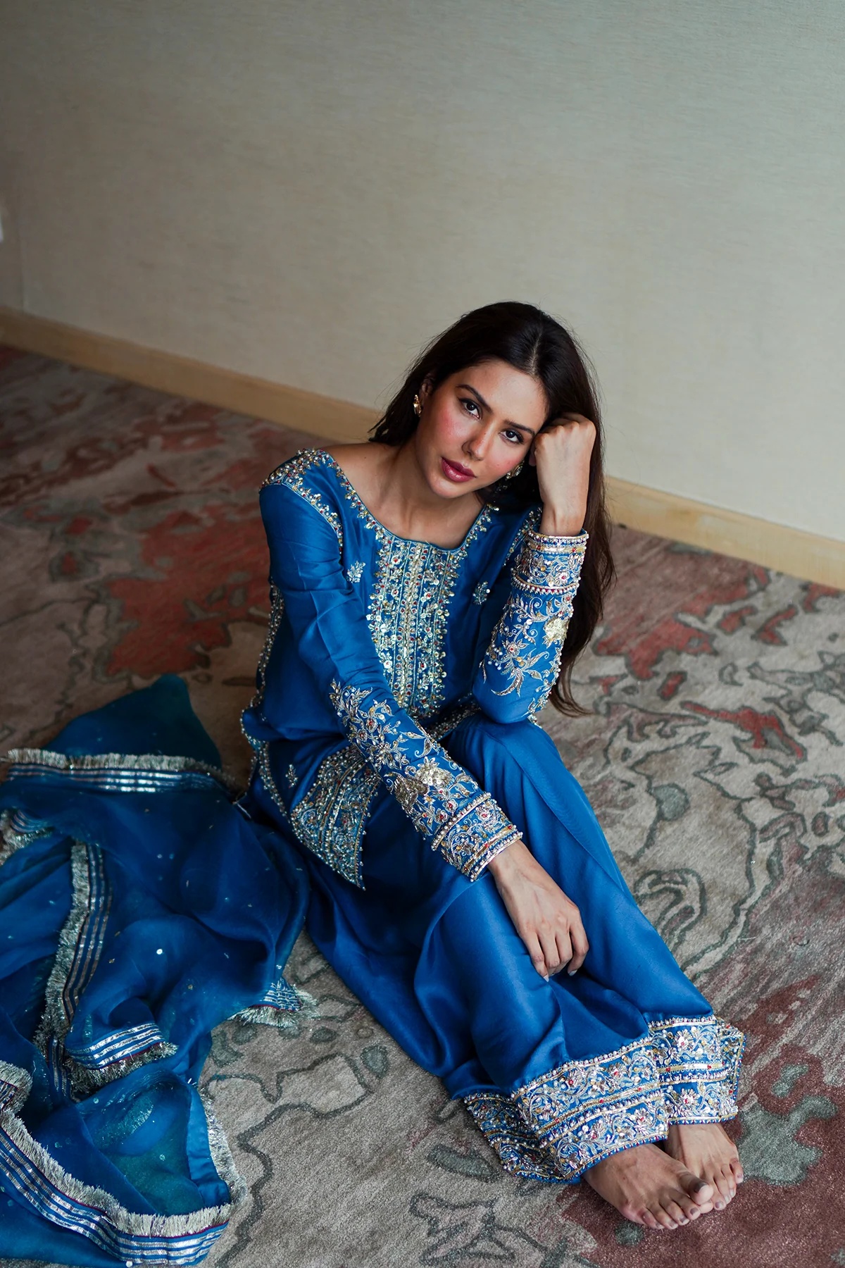 Heer Pakistani fashion outfit in blue, aqua, silver tones.