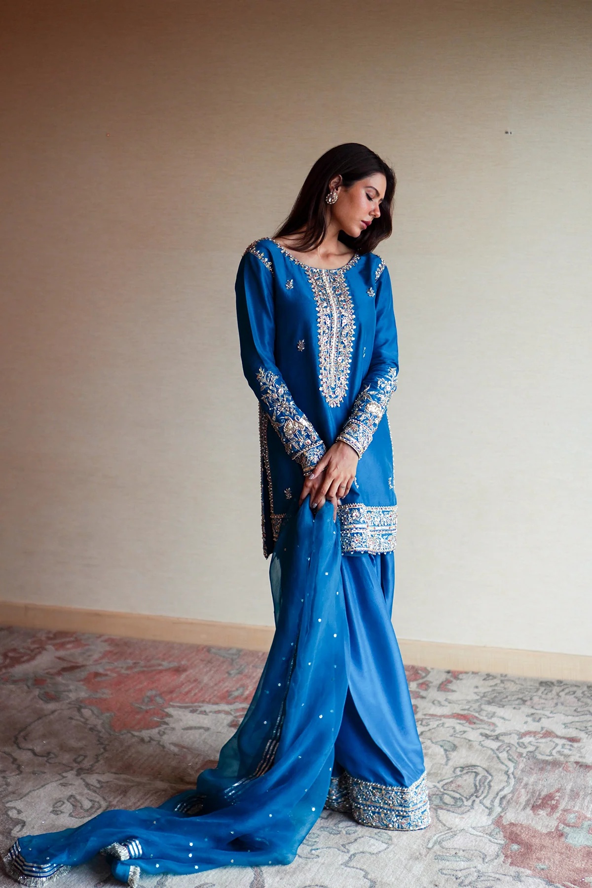 Heer Pakistani fashion outfit in blue, aqua, silver tones.