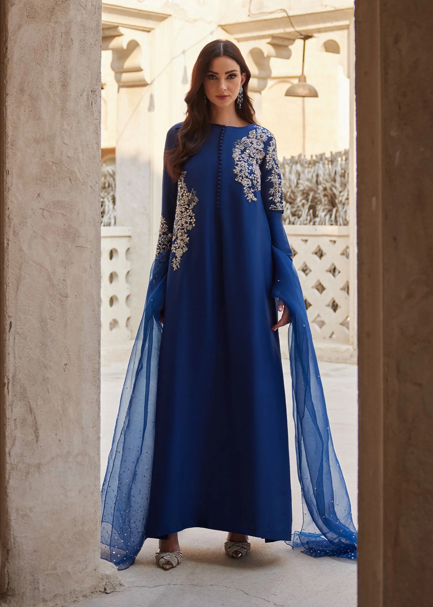 Huda Pakistani fashion outfit in blue, navy tones.