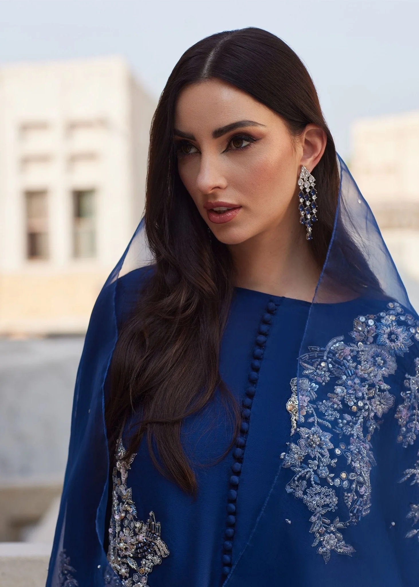Huda Pakistani fashion outfit in blue, navy tones.