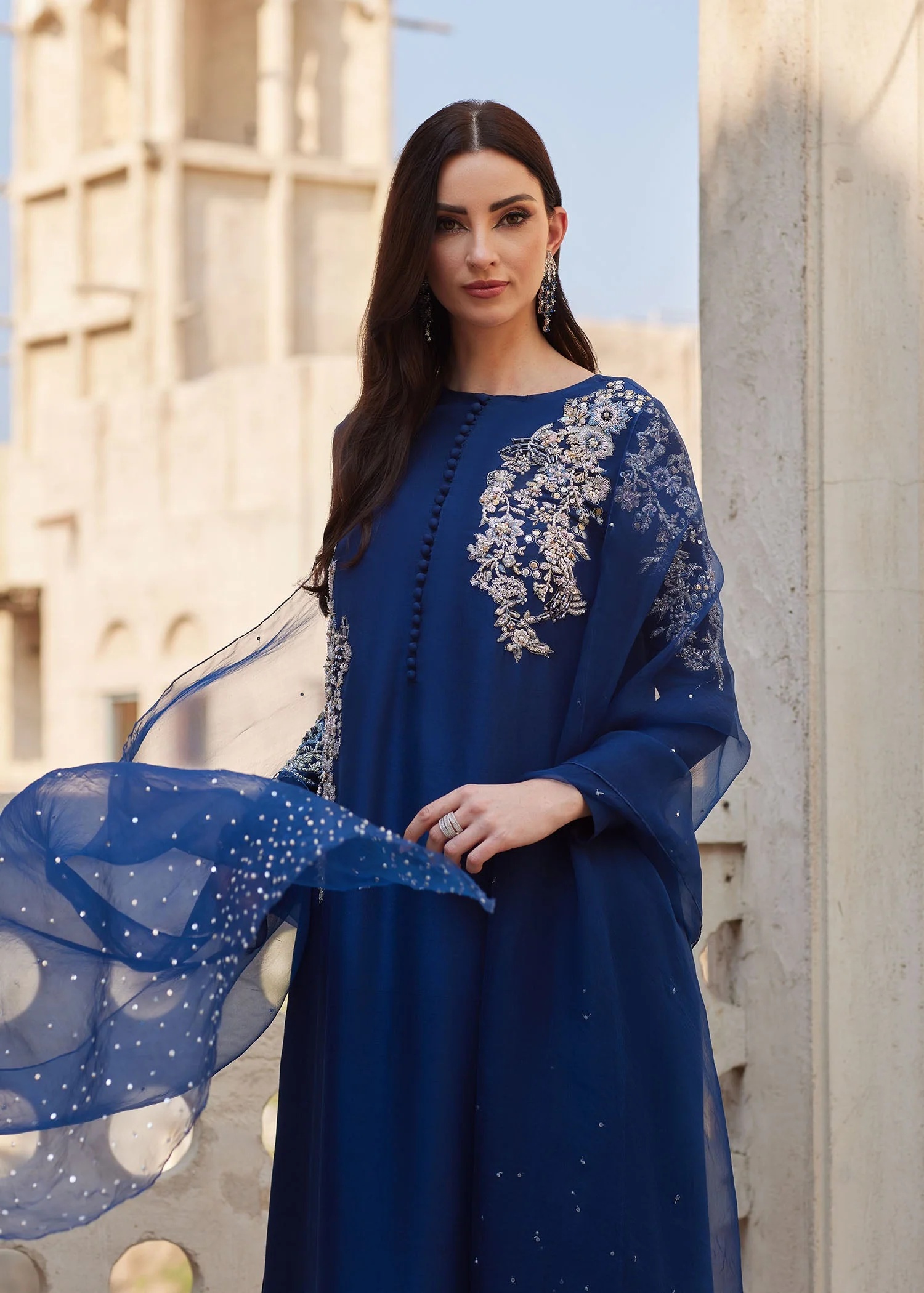 Huda Pakistani fashion outfit in blue, navy tones.