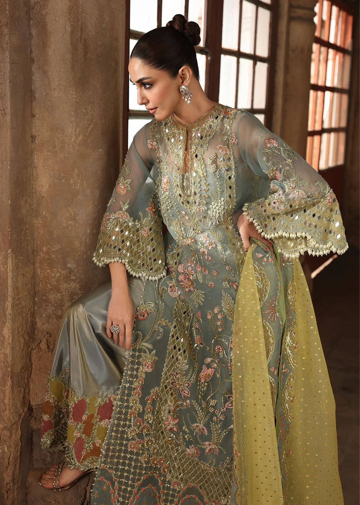 JHALAK Pakistani fashion outfit in blue, yellow tones.