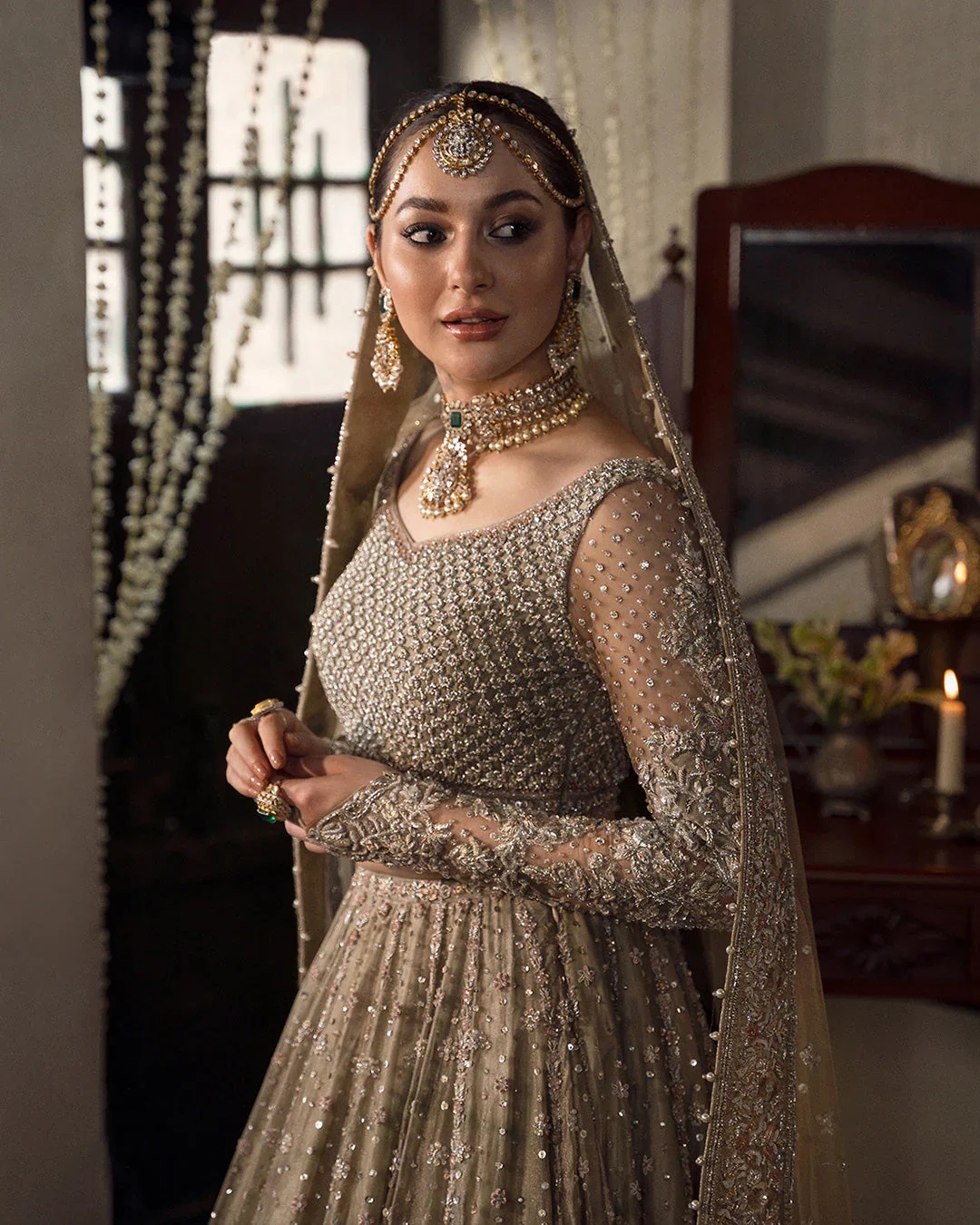 Mah Pakistani fashion outfit in beige tones.