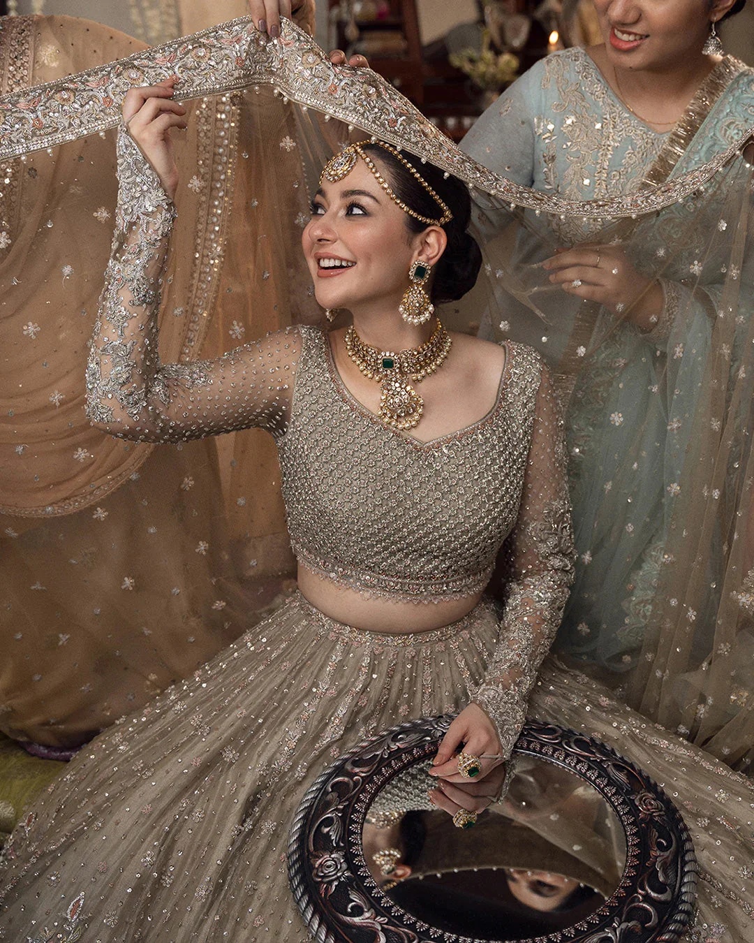 Mah Pakistani fashion outfit in beige tones.