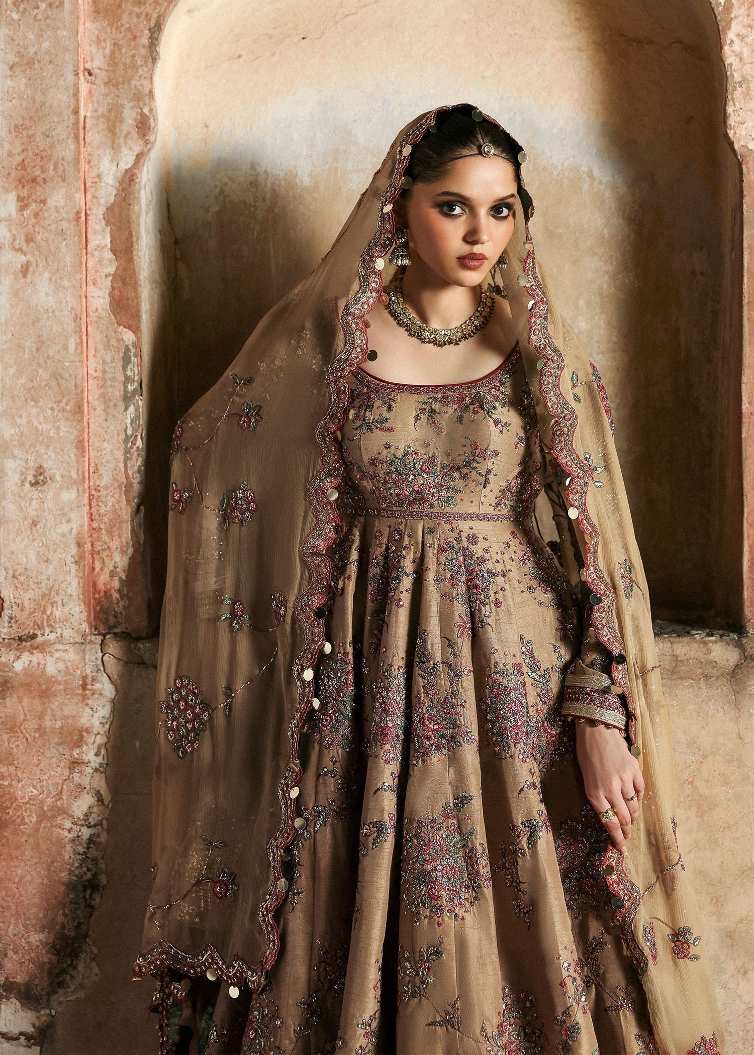 Mahvash pakistani fashion outfit in beige tones.