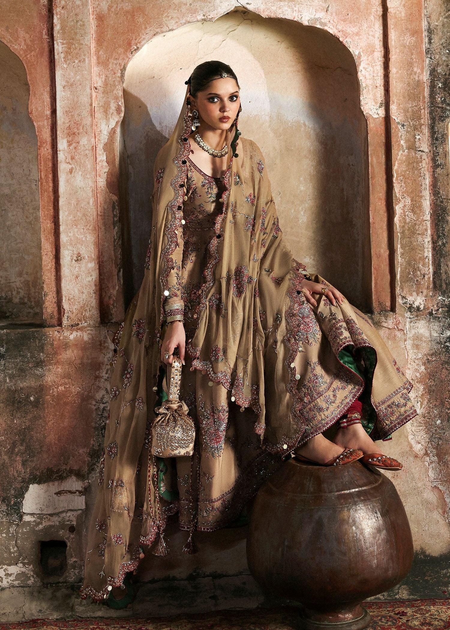 Mahvash pakistani fashion outfit in beige tones.