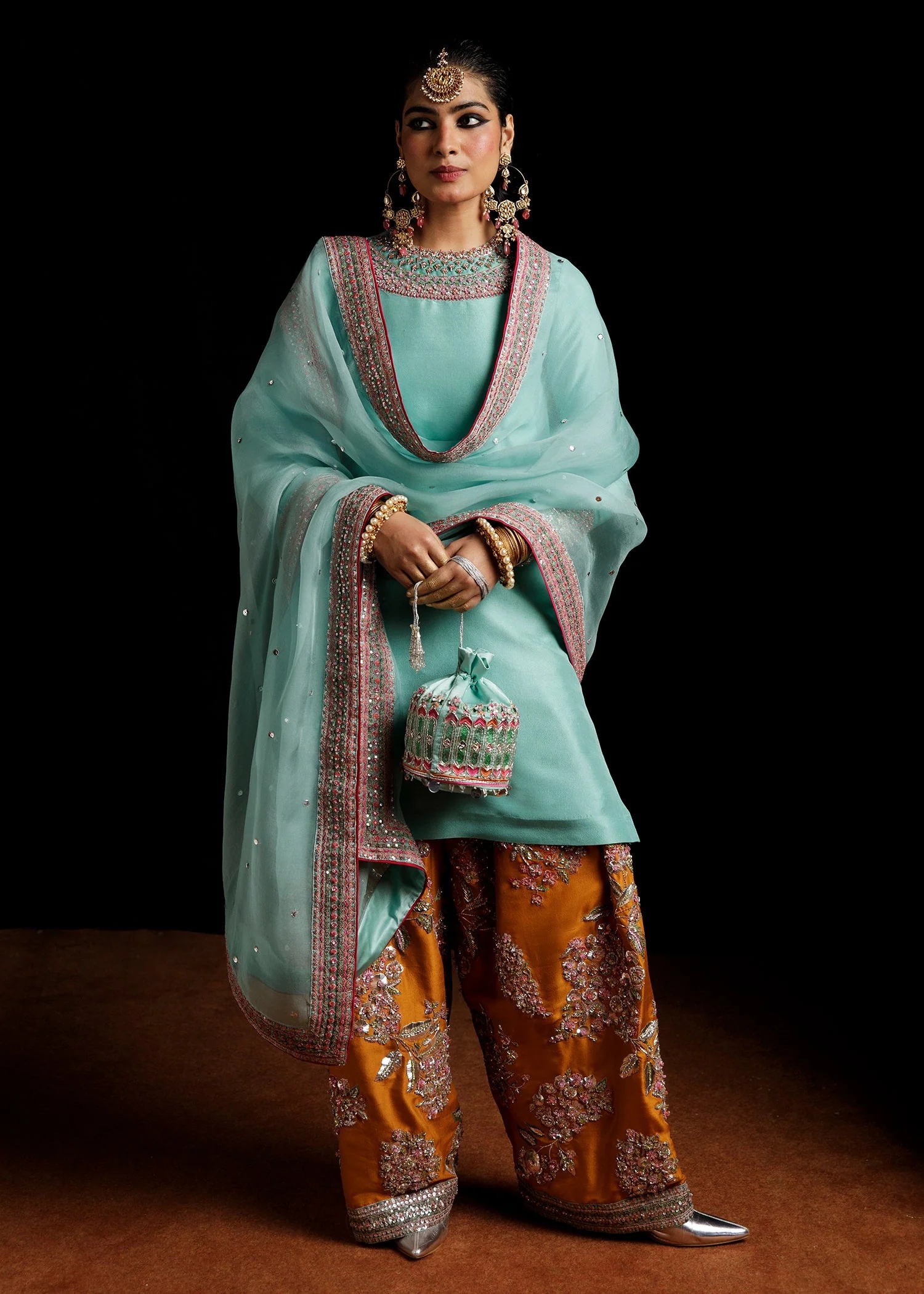 Maya Pakistani fashion outfit in blue, mustard, orange, pink, silver…