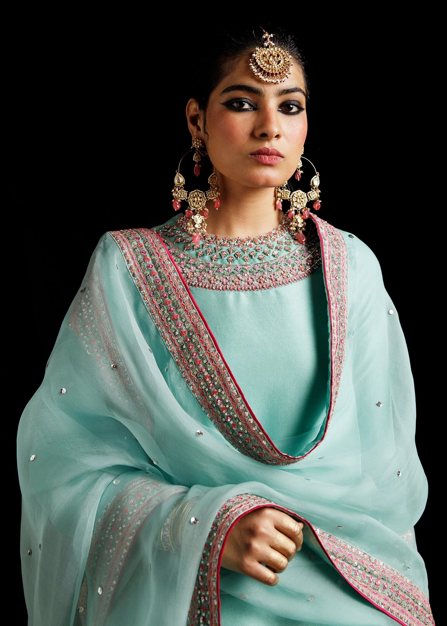 Maya Pakistani fashion outfit in blue, mustard, orange, pink, silver…