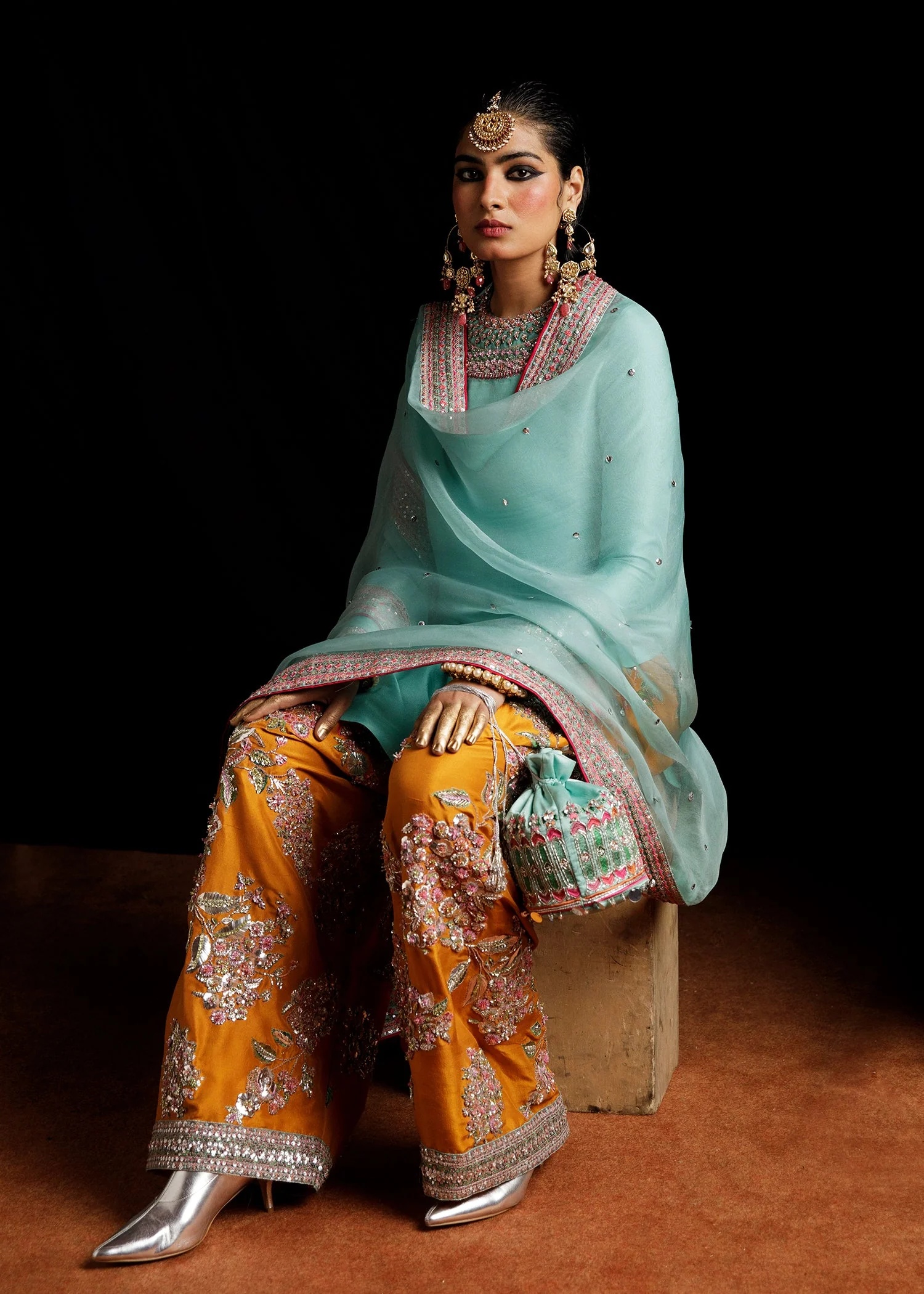 Maya Pakistani fashion outfit in blue, mustard, orange, pink, silver…