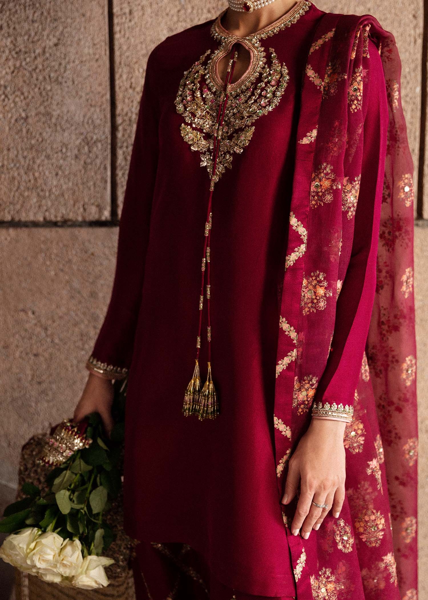 Merlot pakistani fashion outfit in burgundy, gold, pink, maroon…