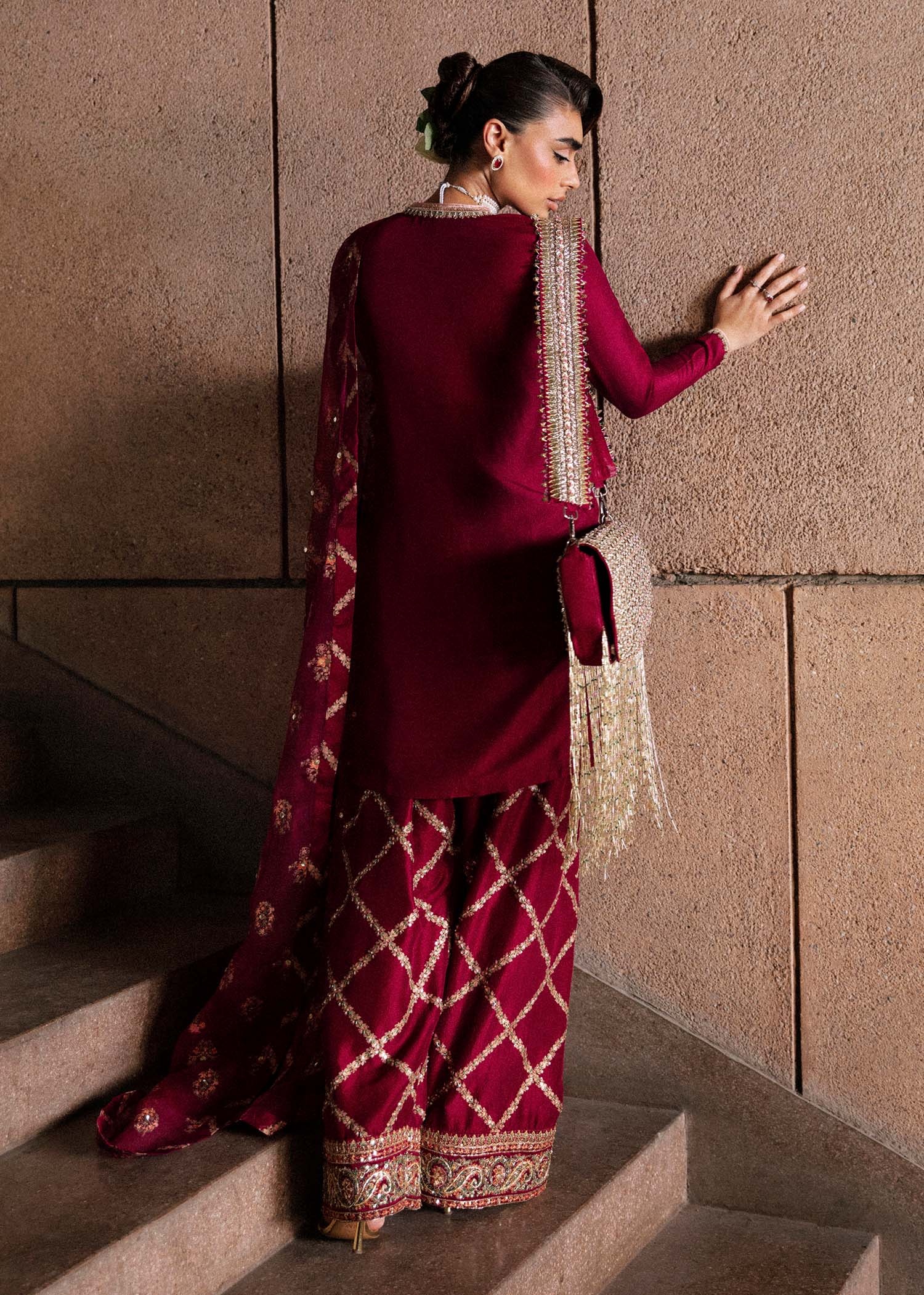 Merlot pakistani fashion outfit in burgundy, gold, pink, maroon…