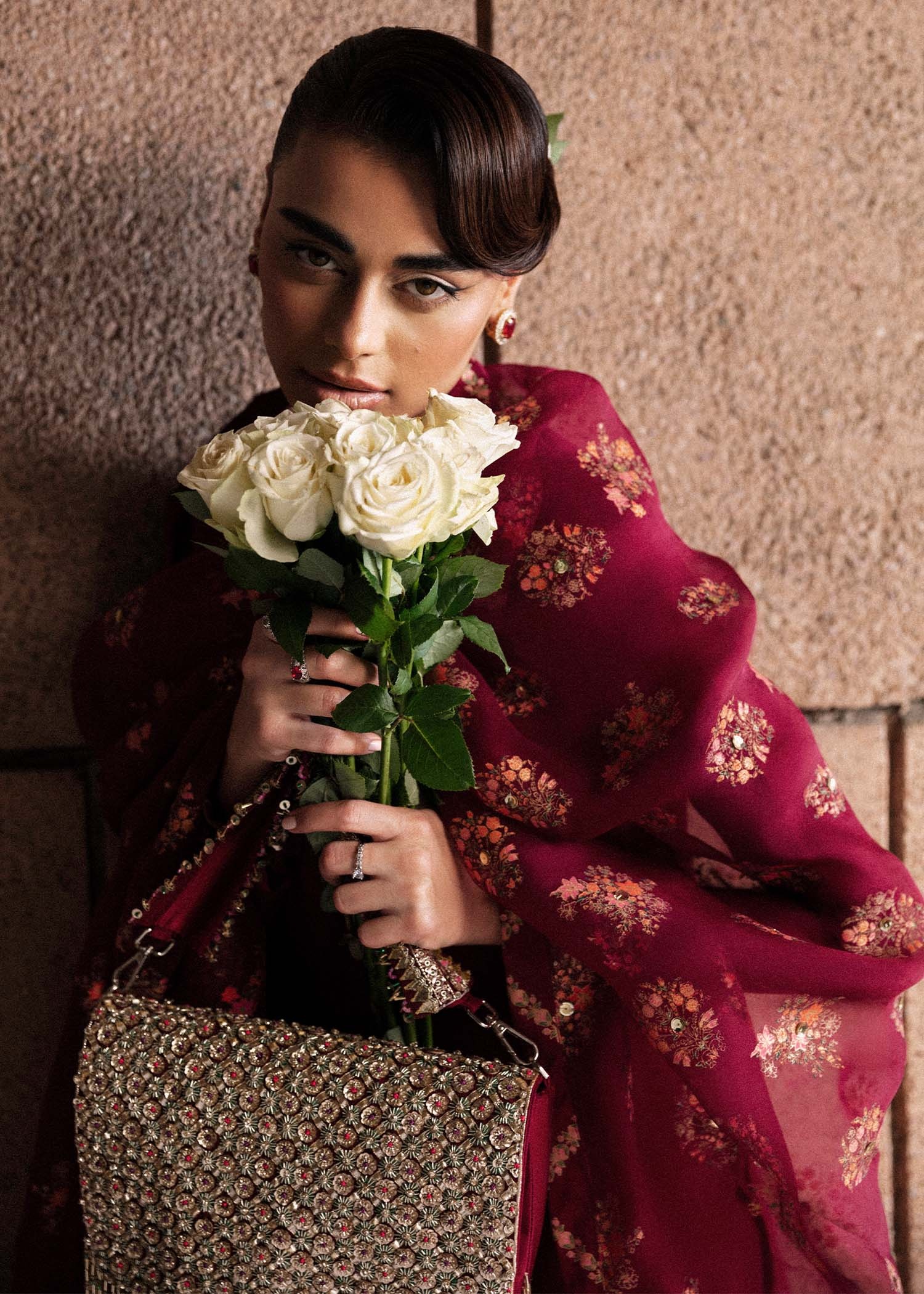 Merlot pakistani fashion outfit in burgundy, gold, pink, maroon…